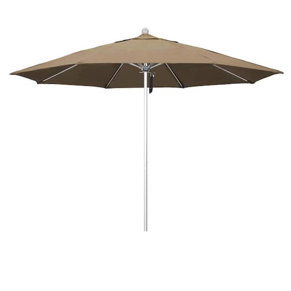 11 ft. Silver Anodized Aluminum Market Patio Umbrella with Fiberglass Ribs Pulley Lift in Heather Beige Sunbrella