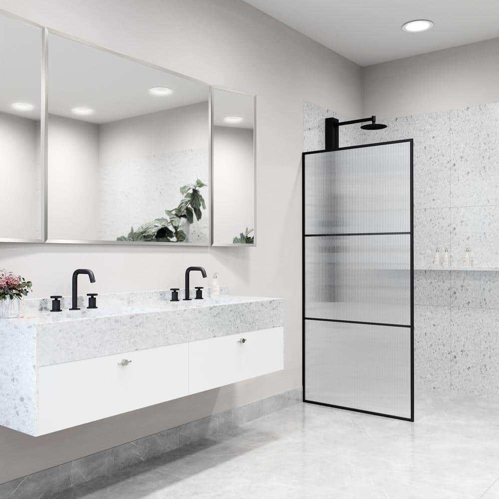 Divide 34" W x 74" H Matte Black Fluted Glass Shower Screen