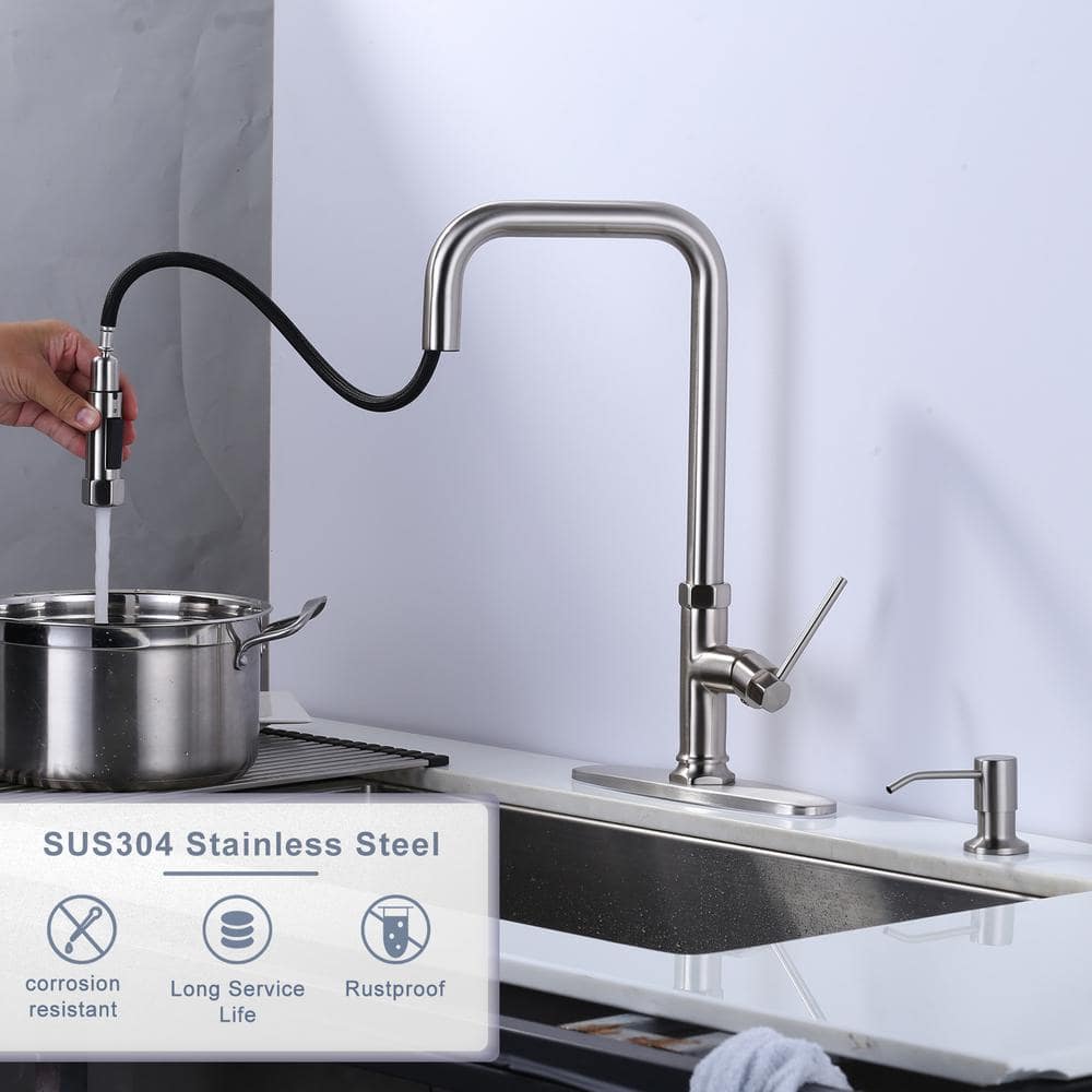 Brushed Nickel Single-Handle Pull Down Kitchen Faucet with Soap Dispenser
