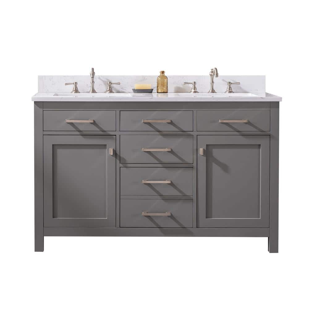 Gray and White 54'' Double Freestanding Bathroom Vanity with Engineered Stone Top