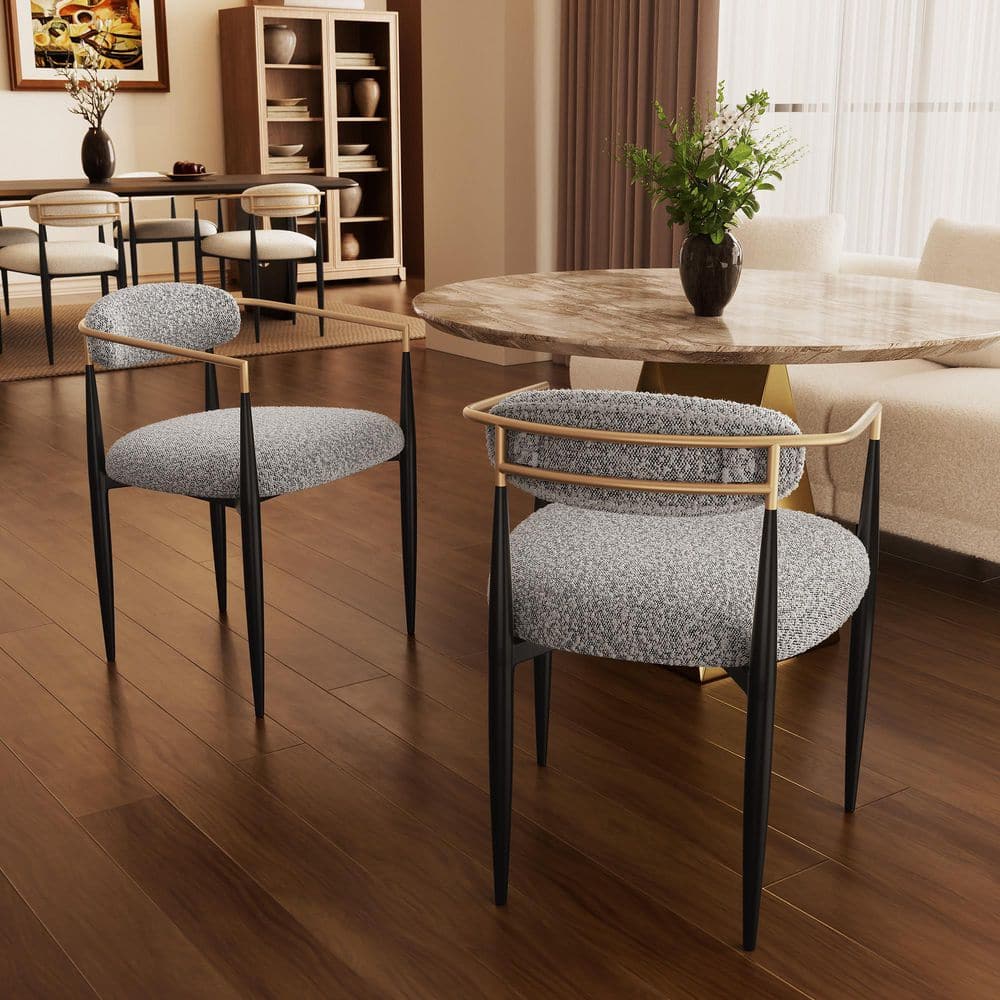 Modern Grey Boucle Cushion Seat Dining Chair Set of 2, Metal Frame Armchair for Kitchen, Living Room, Bedroom