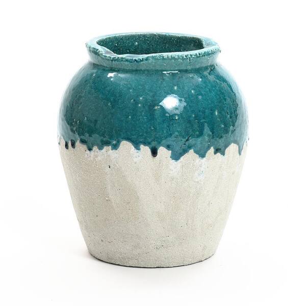 LuxenHome 11.4 in. Green and White Stoneware Indoor and Outdoor Jar Vase