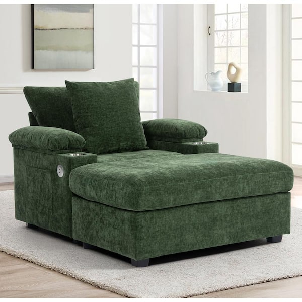 Harper & Bright Designs Oversized Green Chenille Chaise Lounger with Ottoman, Pillow, Charge Station, 2-Cup Holders, Storage Armrest