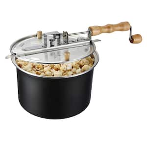 6.5-Quart Black Popcorn Machine Stovetop Popcorn Popper with Wooden Crank Handle and Internal Kernel Stirrer