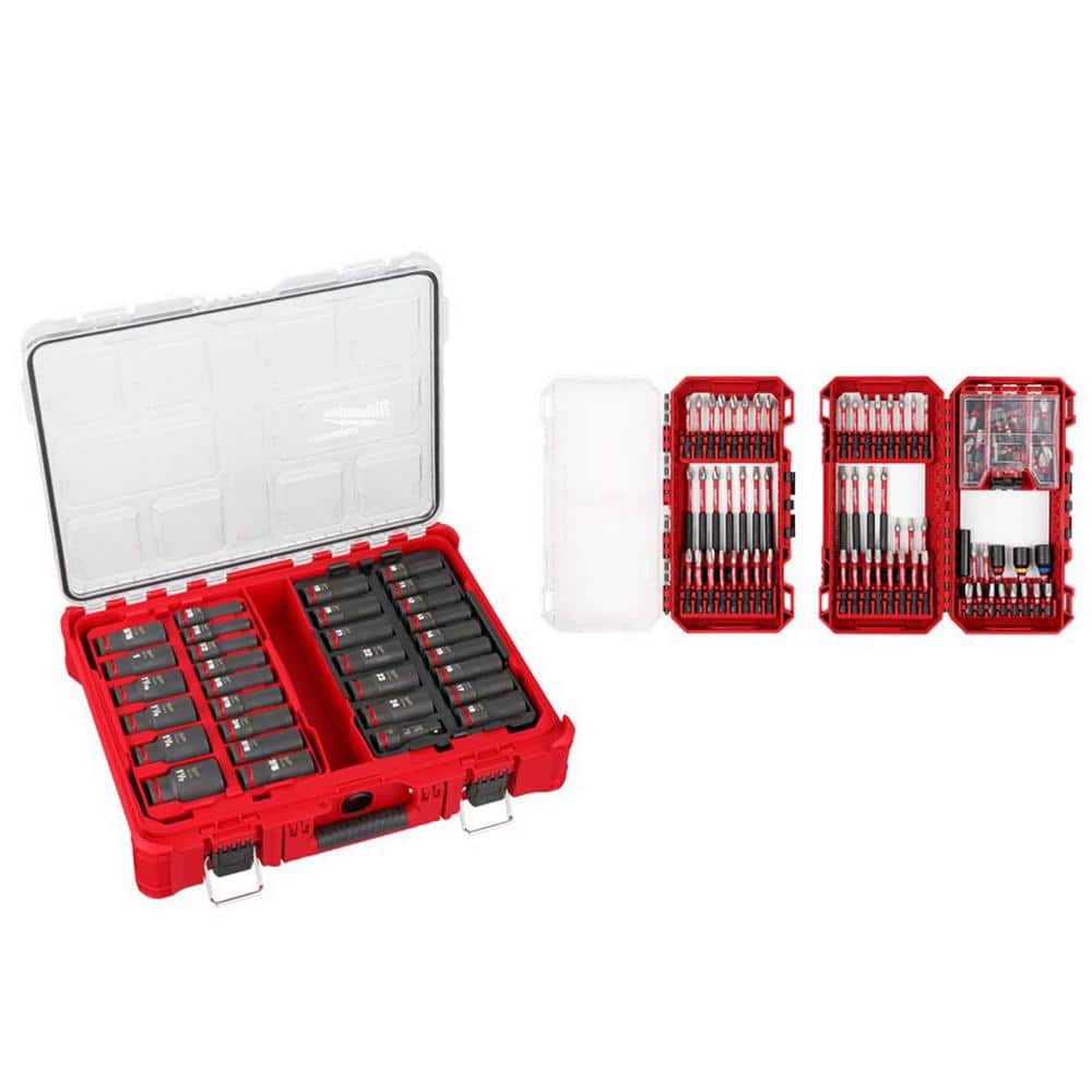 Milwaukee SHOCKWAVE Impact-Duty 1/2 in. Drive Metric  SAE Deep Well  PACKOUT Impact Socket Set w/Screw Driver Bit Set (131-Piece) 49-66-6806​-48-32-5150  The Home Depot