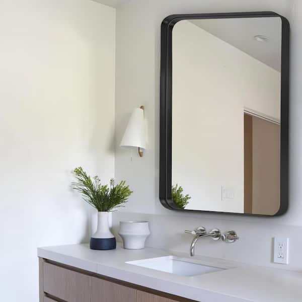 26 in. W x 38 in. H Aluminium Alloy Deep Modern Rectangle Framed Decorative Mirror with Rounded Corner in Black
