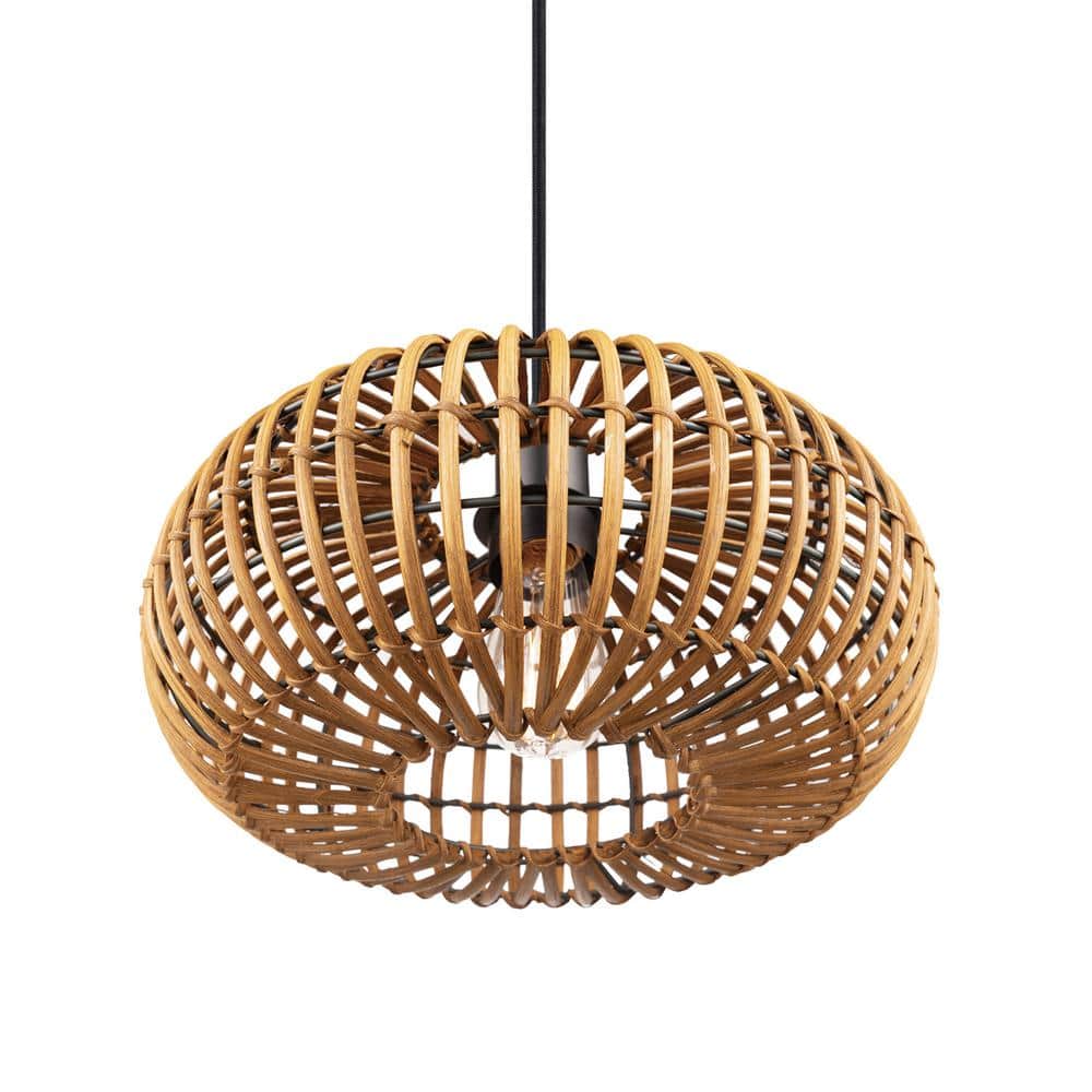 Matte Black Drum Pendant Light with Rattan Shade