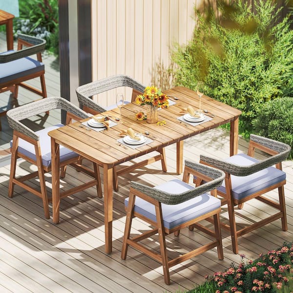 Wood Outdoor Patio Wicker Dining Chairs Set with Gray Seat Cushion (4-Pack)