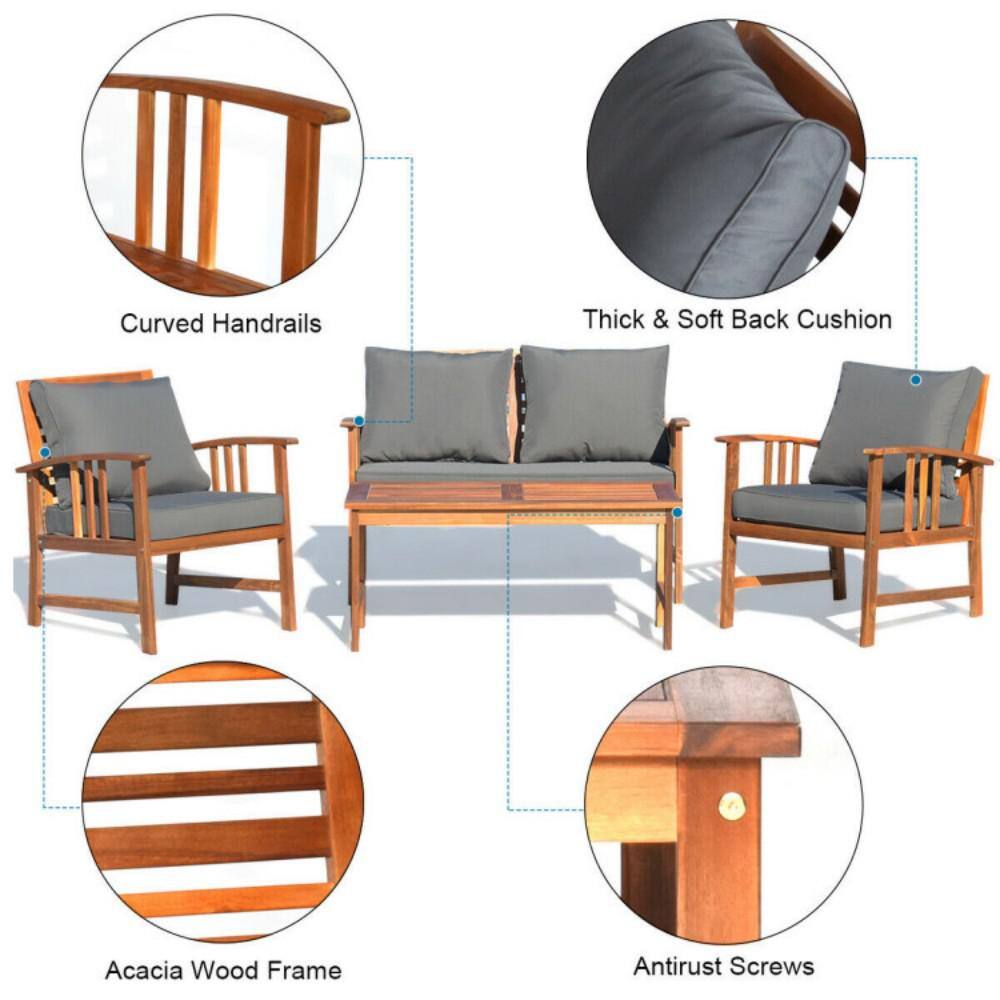 4-Piece Brown Acacia Wood Patio Set with Gray Cushions