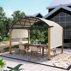 10 ft. x 13 ft. Wood Grain Aluminum Outdoor Pergola with Arched Canopy and Beige Retractable Shade