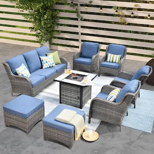 Vincent Gray 8-Piece Wicker Outdoor Patio Fire Pit Seating Sofa Set and with Denim Blue Cushions