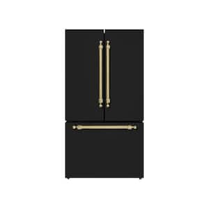 36 in. French Door Refrigerator, 20.3 Cu. Ft., Bottom Freezer, Automatic Ice Maker, Glossy Black W- Classico Brass Trim