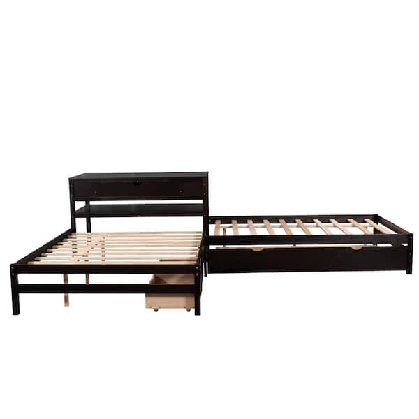 134.90 in W Espresso Full Size L-shaped Platform Beds with Twin Size ...