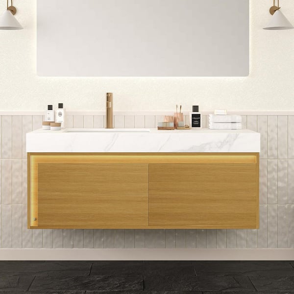 48 in. Wall-Mounted Light Oak Bath Vanity with Carrara White Sintered Stone Top Pre-Assembled