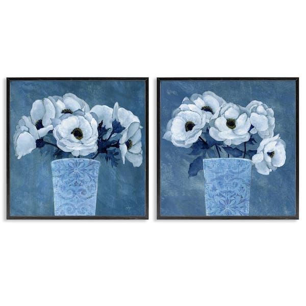 Stupell Industries Magnolia Bouquets on Blue by Janet Tava 2 Pieces Black Framed Nature Giclee Art Print 17 in. x 17 in.