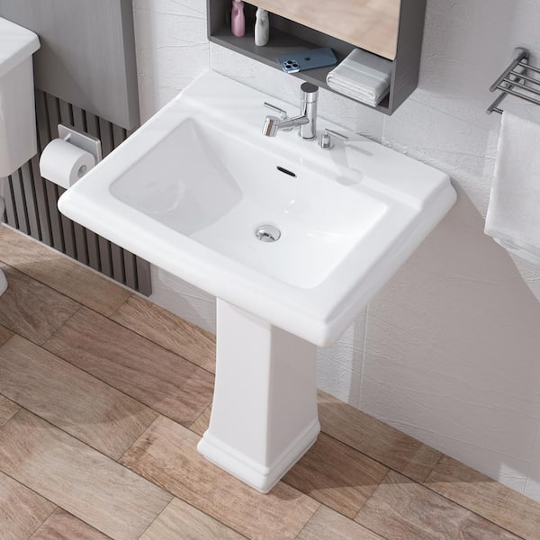 HOMLYLINK Pedestal Sink White Vitreous China Rectangular Pedestal Bathroom Sink with Overflow 3 Faucet Holes Combo Sink