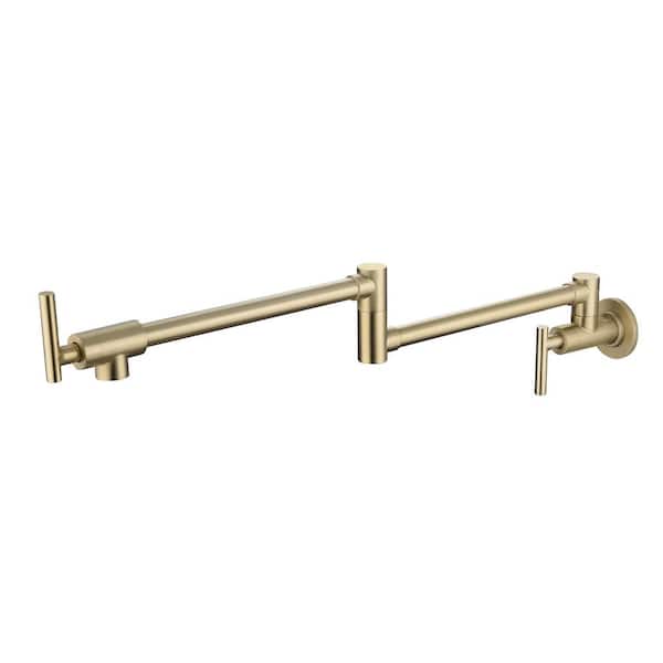 Heemli Wall Mounted Folding Pot Filler with Double-Handle Brass stretchable Kitchen Sink Faucet in Brushed Gold