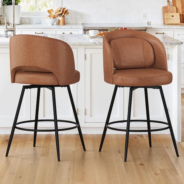 26 in Brown Faux Leather Swivel Bar Stool Metal Frame Bar Chair Counter Height Bar Stool with Removable Cushion Set of 2