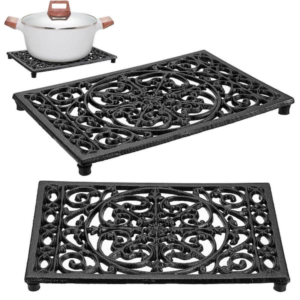 Cast Iron Black Multi-Functional Trivet with Non-Slip Rubber Feet for Kitchen Countertop, Dining Table (Set of 2)