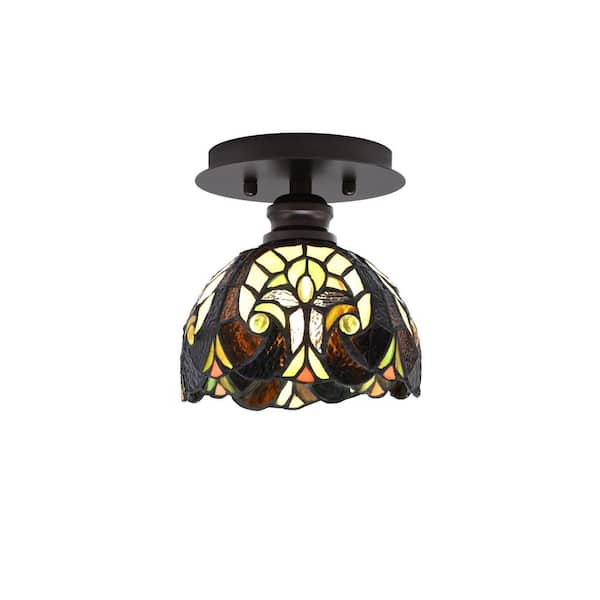 Unbranded Albany 1-Light 7 in. Espresso Semi-Flush with Ivory Cypress Art Glass Shade