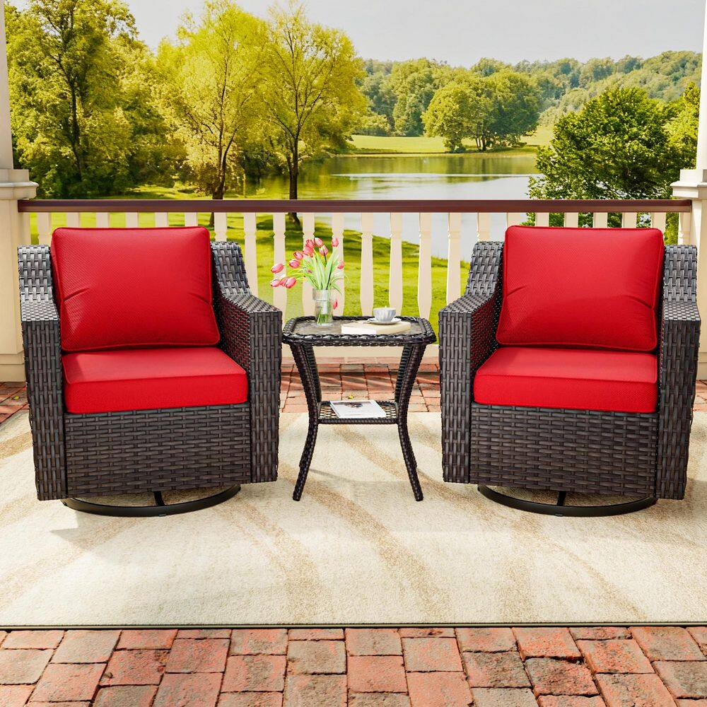 3-Piece Deep Brown Wicker Outdoor Lounge Chair Patio Swivel Rocking Chair Set with Upgraded Red Cushions price history on PriceWatchPro