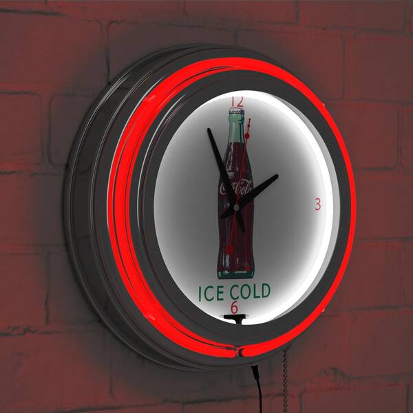 Coca-Cola Red Ice Cold Bottle Lighted Analog Neon Clock COKE8V8-B