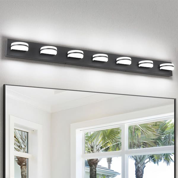 53.15 in. 7-Light Black LED Vanity Light with 360° Up and Down Dimmable 5500K Light