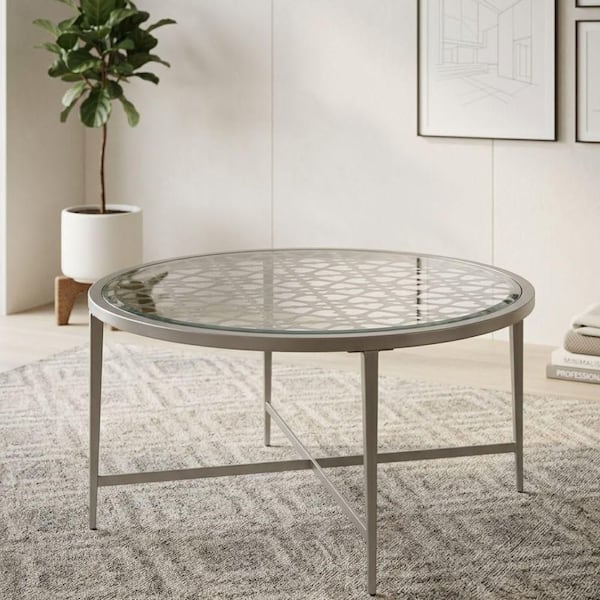 Aciamae 33 in. Silver Round Glass Coffee Table with Decorative Pattern and X-Shape Base