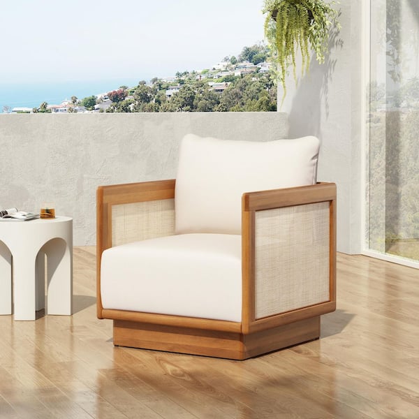 CHRISTOPHER KNIGHT HOME Suzanne Patio Teak Finish Solid Wood Deep Seating Outdoor Lounge Chair with Beige Cushions, Woven Textilene Sides