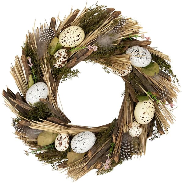 14 in. Speckled Eggs and Feathers Artificial Easter Wreath