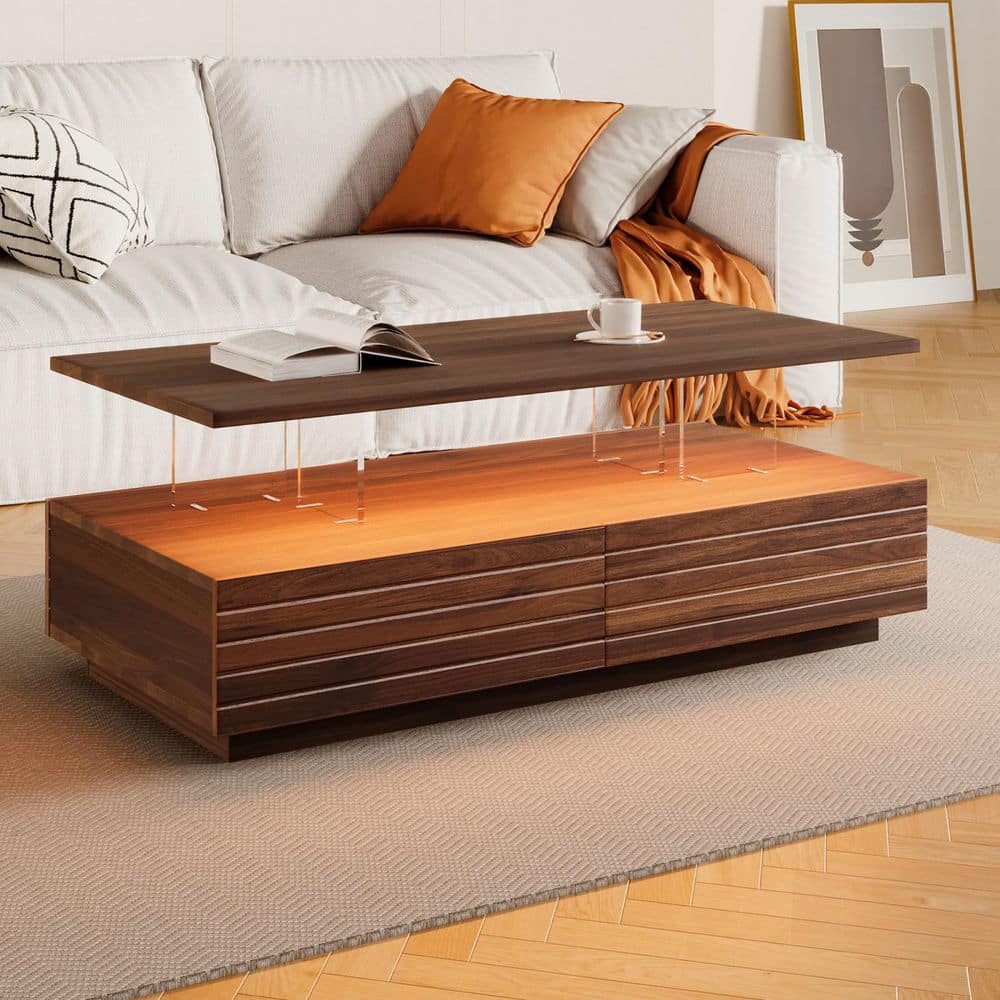47.2 in. Walnut Rectangle MDF Coffee Table with LED Lights and 2 Drawers