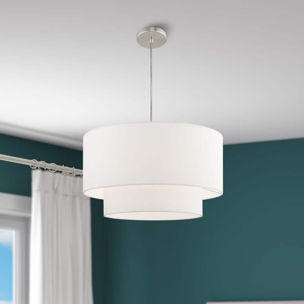 Elegant Brushed Nickel Drum Pendant with Off-White Fabric Shade