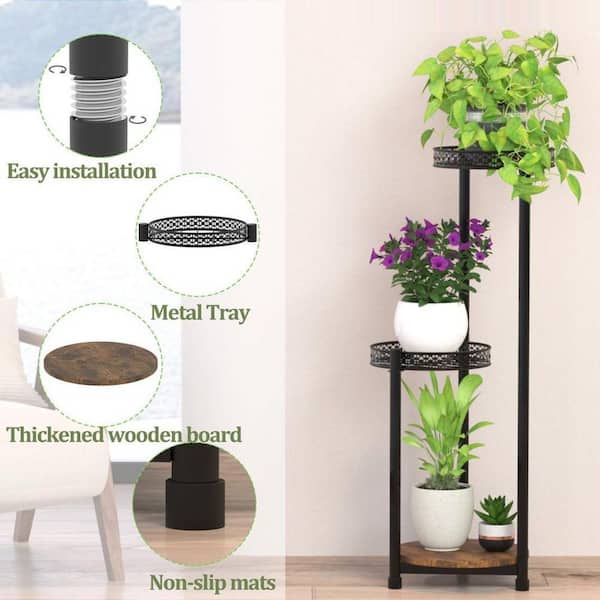 Indoor Outdoor 3-Tier Black Metal Wood Plant Stand for Multiple