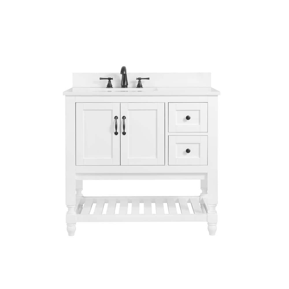 Home Decorators Collection Bankside 37 in. W x 22 in. D x 35 in. H Single Sink Freestanding Vanity in White w/ Carrara Marble Engineered Stone Top -  19044-VS37-WT