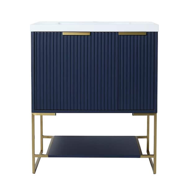 Boosicavelly 29.50 in. W x 18.10 in. D x 35.00 in. H Single Sink Freestanding Bath Vanity in Navy Blue with White Resin Top