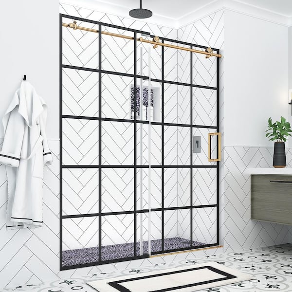 Aston Kamaya XL 68 - 72 in. W x 80 in. H Sliding Frameless Shower Door in Black & Brushed Gold Finish with Clear Glass, Right