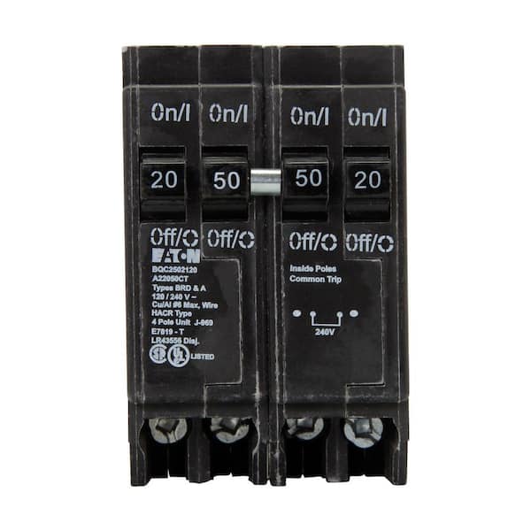BR 1- 50 Amp 2-Pole and 2-20 Amp 1 Pole BQC (Common Trip) Quad Circuit Breaker