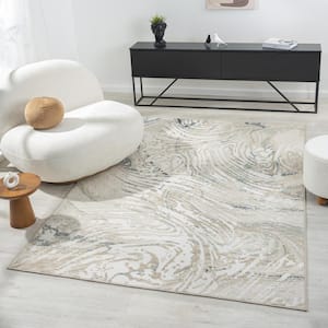 Iviana Ivory/Blue/Gray 7 ft. 10 in. x 9 ft. 10 in. Contemporary Power-Loomed Abstract Rectangle Area Rug