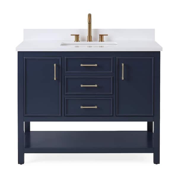 Benton Collection Felton 42 in. W x 22 in. D x 35 in. H Freestanding Style Bath Vanity in Navy Blue Color with White Quartz Top
