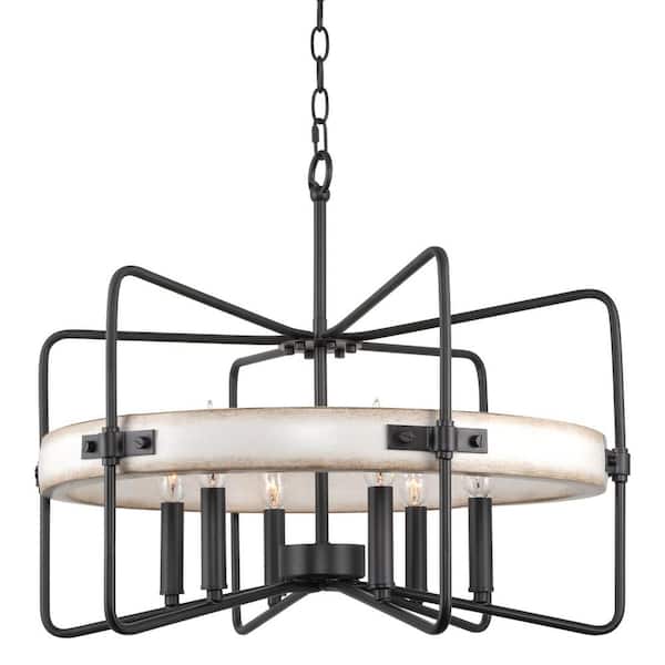 Kira Home Raleigh 22 in. 60-Watt 6-Light Black Farmhouse Cage Pendant Light, with White Ash Wood Style Ring