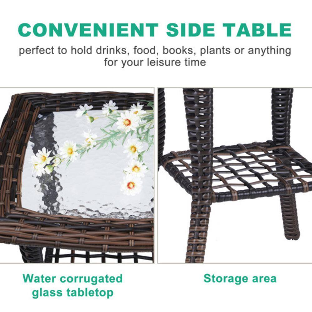 Brown Wicker and Glass Outdoor Square End Table