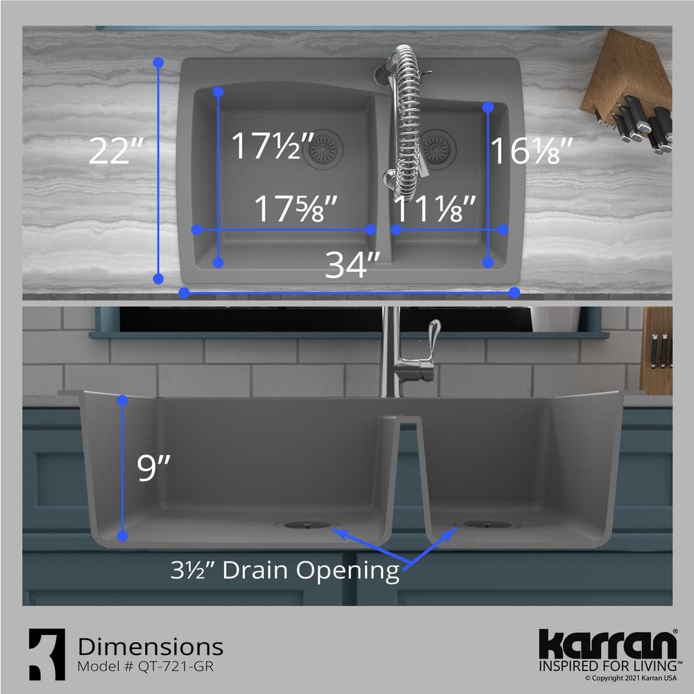 Gray Quartz Composite 34'' Double Bowl Kitchen Sink