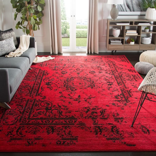 Adirondack Red/Black 8 ft. x 8 ft. Square Floral Border Area Rug