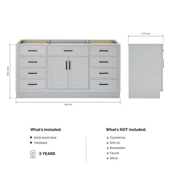 Hepburn 66 in. W x 21.5 in. D x 34.5 in. H Single Sink Freestanding Bath Vanity Cabinet without Top in Grey