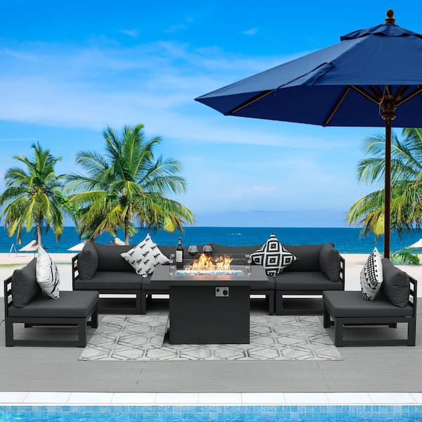 FINCATI Charcoal 7-Piece Outdoor Patio Aluminum Deep Seating Sofa Set, 55,000 BTU Fire Pit Table and Dark Gray Cushions