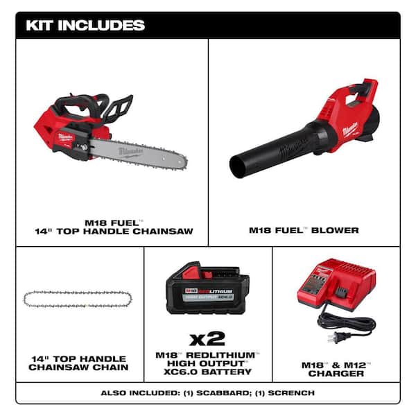 M18 FUEL 120 MPH 500 CFM 18V Brushless Cordless Handheld Blower w/ Top Handle Chainsaw, (2) 6.0 Ah Batteries, Charger