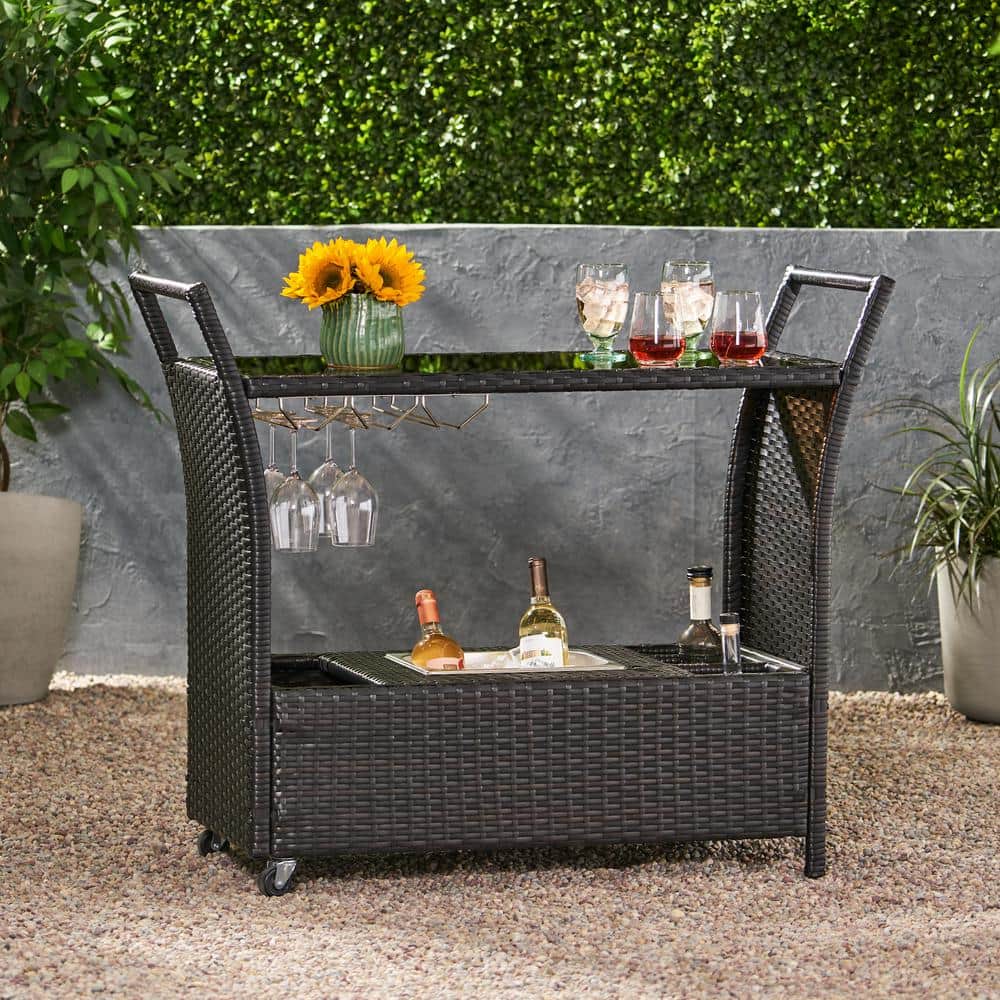 Bahama Black Wicker Outdoor Bar Cart with Glass Top and Storage