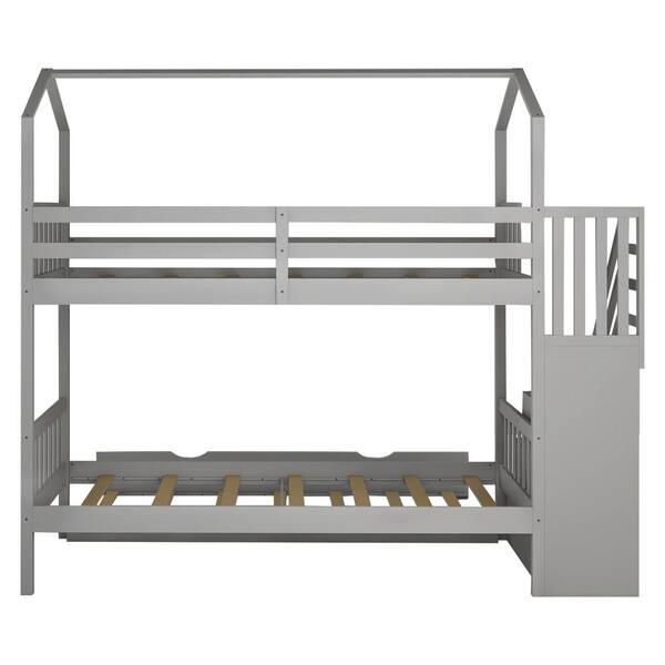 ANBAZAR Storage Staircase House Bunk Beds, Twin Over Twin Bunk Beds with Trundle, Wood Twin Bunk Beds for Girls, Boys, Grey