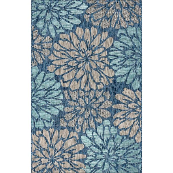 Zinnia Modern Floral Navy/Aqua 3 ft. 11 in. x 6 ft. Textured Weave Indoor/Outdoor Area Rug