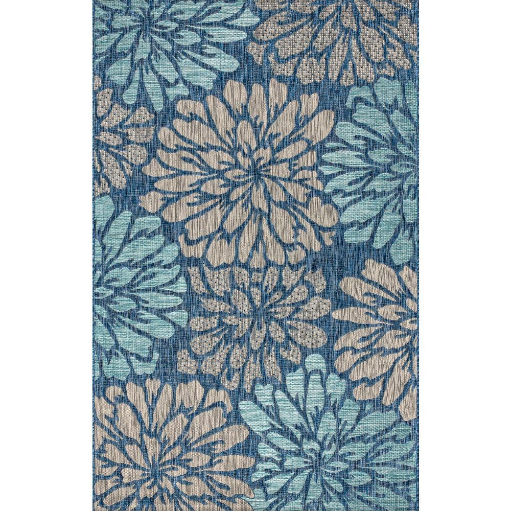 Navy Aqua Floral Synthetic Flat Woven Reversible Rug 5x8